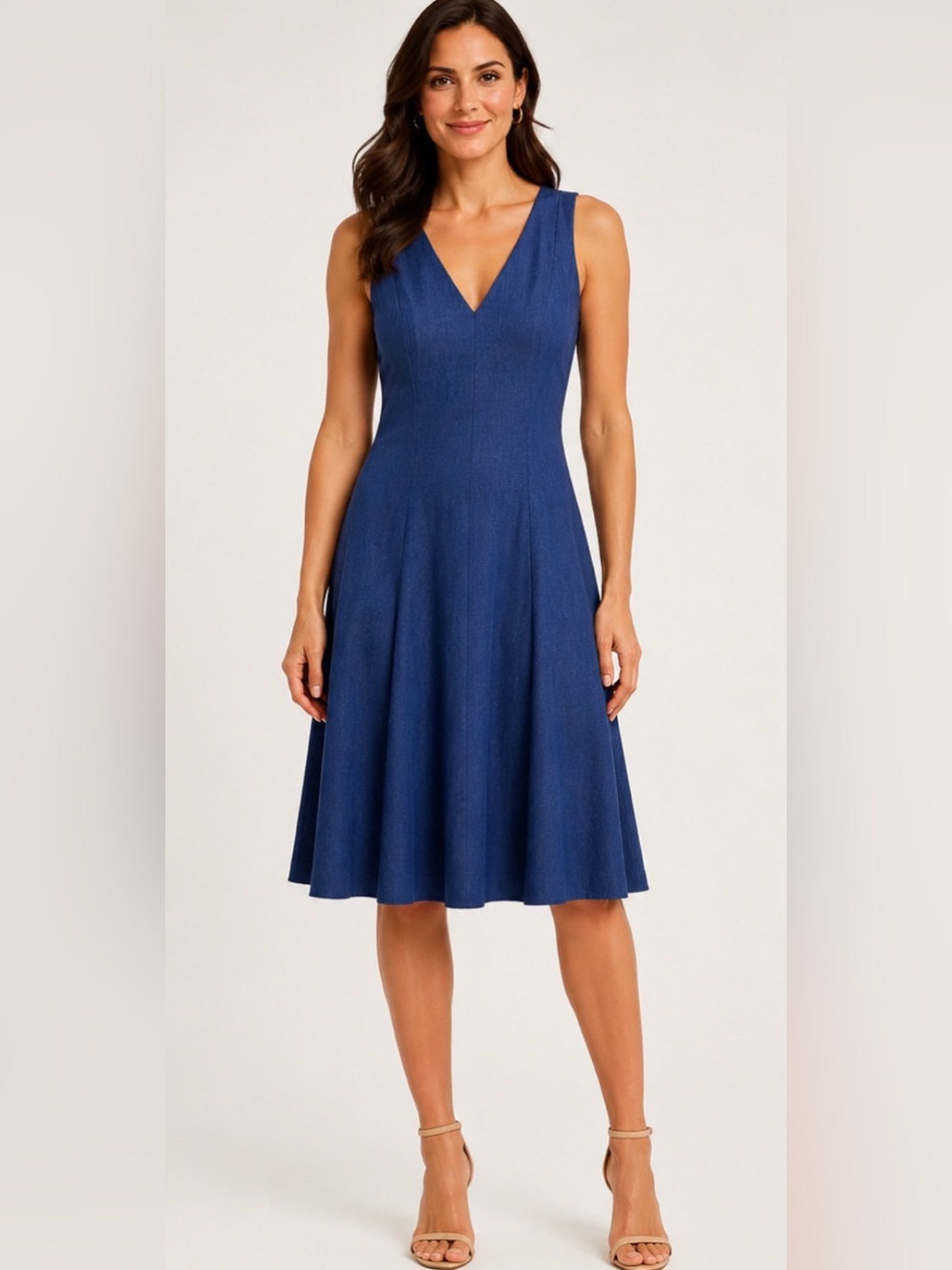 Anne Klein Blue Fit & Flare Sleeveless V-Neck Midi Dress Size 12